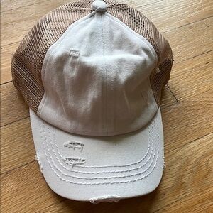 NWT- Tan and White Distressed Baseball Cap